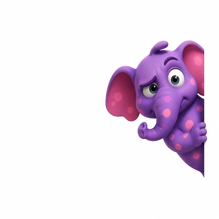 Purple elephant with pink polka dots peeking around the edge